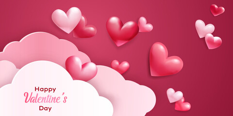 Valentine's Day illustration with voluminous hearts and paper clouds on red background