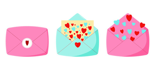 Colorful cartoon letter set. Envelope with love message.