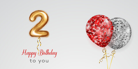 Festive birthday illustration with colored helium balloons, big number 2 golden foil balloon and inscription Happy Birthday on white background