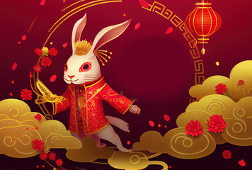 Fototapeta premium Chinese New Year of Rabbit, golden rabbit with red patterns, symbol of New 2023 Year