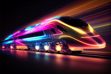 Fototapeta na wymiar Futuristic modern train of non existent design drawed with neon lights
