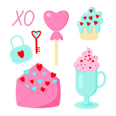 Saint Valentine s day vector set. Envelope, coffee, pancake, lollipip, lock and key