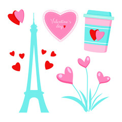 Saint Valentine s day vector set. Eifel tower, flowers, hearts