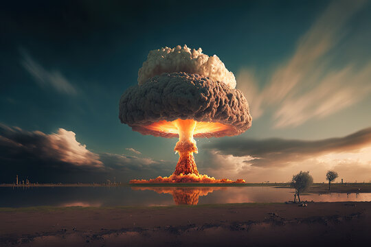 nuclear explosion, disaster, war, scenery, art illustration
