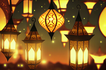 Fototapeta na wymiar Ramadan Kareem holiday, festive background with abstract cityscape