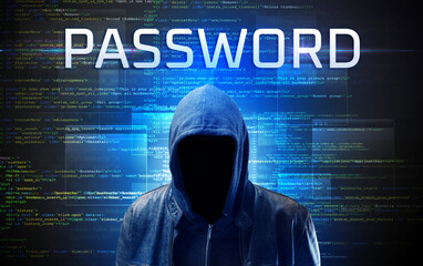 Faceless hacker on code background