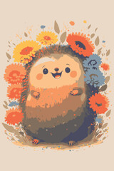 Cute adorable hedgehog. Hand drawn vector art. Drawing of happy wild animal. Ideal for card or poster. Colorful artwork. Doodle for happy birthday. Cheerful art for kids or nursery. Autumn cartoon.