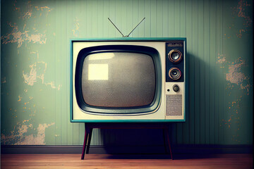 vintage set of tv equipments against wall, retro room - obrazy, fototapety, plakaty