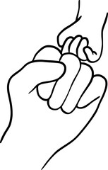 Line drawing holding baby hands - continuous line art, small children, holding father, mother hand, finger, holding adult hand and finger