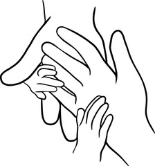 Line drawing holding baby hands - continuous line art, small children, holding father, mother hand, finger, holding adult hand and finger