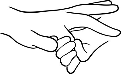 Line drawing holding baby hands - continuous line art, small children, holding father, mother hand, finger, holding adult hand and finger