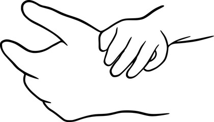 Line drawing holding baby hands - continuous line art, small children, holding father, mother hand, finger, holding adult hand and finger