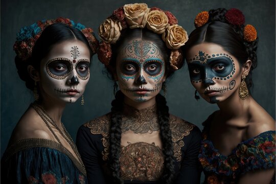 Dia de los muertos, Mexican holiday of the dead and halloween. Three women with sugar skull make up and flowers. This image is generated with generative AI