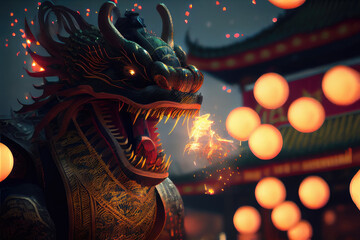 Fototapeta premium Lunar Chinese New Year Celebration Rabbit Firecrackers Lanterns Dragon Dance Background Image