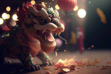 Lunar Chinese New Year Celebration Rabbit Firecrackers Lanterns Dragon Dance Background Image
