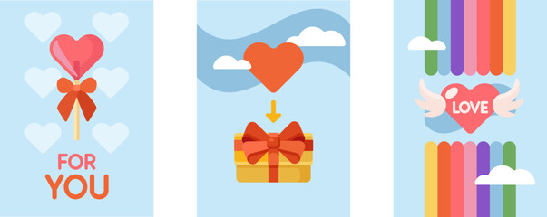 Groovy Greeting card for Happy Valentines day. Old school Y2K vintage style 70s 80s retro cartoon posters with hearts and lines. Vector lovely illustration in  blue white yellow violet pink red colors