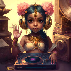 illustration goddess lakshmi dj blesses with mantras.
this image is generated by artificial intelligence.  in the illustration, there is no existing person. - obrazy, fototapety, plakaty