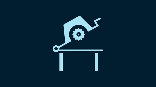 White Table saw for woodwork icon isolated on blue background. Power saw bench. 4K Video motion graphic animation
