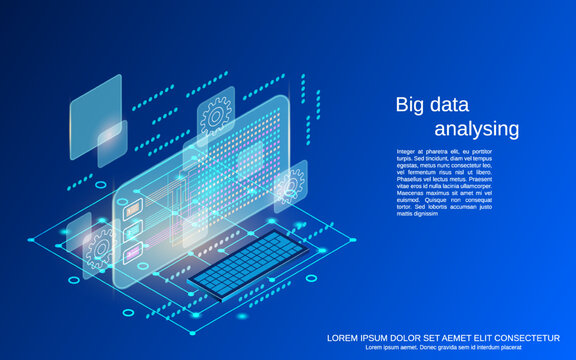Big data analyzing, information computing flat 3d isometric vector concept illustration