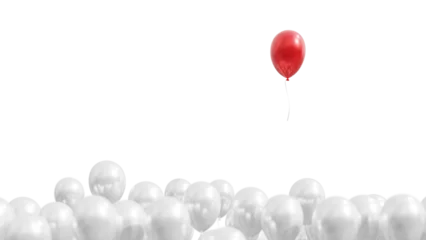 Fotobehang 3d render of a red balloon and white on white, 3d rendering of red ballon move away from a group of white, concept of leadership. PNG transparent © mvdesign