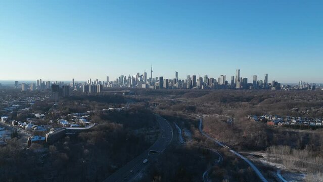 Aerial cinematic downtown Toronto DVP sunrise hyperlaspse