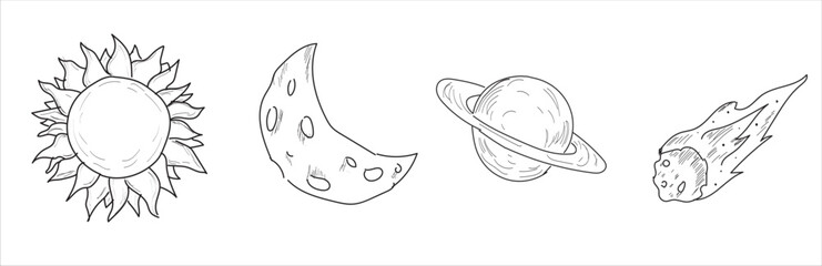 Solar system planets. Mercury, Venus, Earth, Mars, Jupiter, Saturn, Uranus and Neptune. Moon, Astronaut and spacecraft drawing. hand drawn vector	