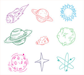 Solar system planets. Mercury, Venus, Earth, Mars, Jupiter, Saturn, Uranus and Neptune. Moon, Astronaut and spacecraft drawing. hand drawn vector	