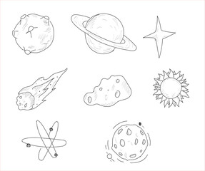 Solar system planets. Mercury, Venus, Earth, Mars, Jupiter, Saturn, Uranus and Neptune. Moon, Astronaut and spacecraft drawing. hand drawn vector	