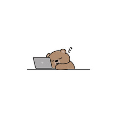 Lazy bear sleeping on laptop cartoon, vector illustration