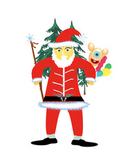 Christmas Santa Claus with balls and staff and pine trees in the background