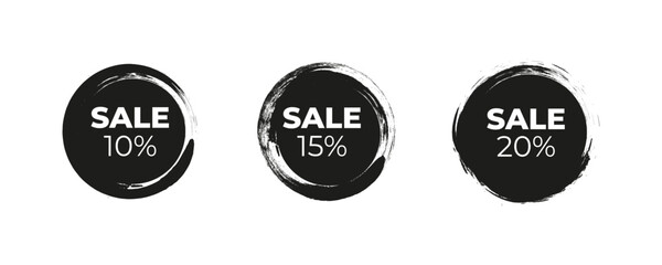 Sale tags . Collection of  black grunge banners on white background. Big sale icon , vector design . 10% .15 % 20% 10 eps .