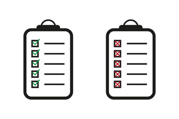  Clipboard vector illustration. To do list .Clipboard checklist icon . Flat checklist document. Green checkmark and red cross. 10 eps