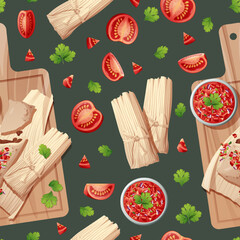 Seamless pattern with tamales and salsa. National Mexican food. Suitable for decorating menus, restaurants, flyers, coupons