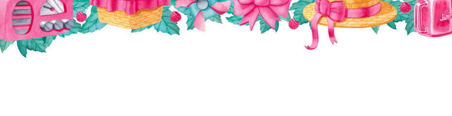 Long rectangular banner border with watercolor raspberry, leaves, radio, hat, lemonade and basket