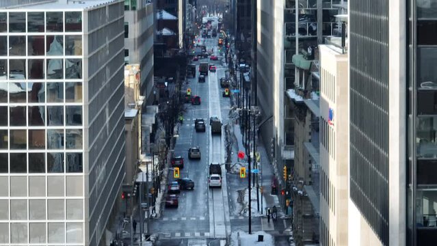 Aerial cinematic downtown Toronto TD BMO Financial district 9