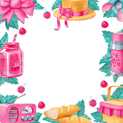 Rectangular banner border with watercolor picnic elements hat, bow, swirl wind, thermos, radio, bread, lemonade, raspberry and leaves