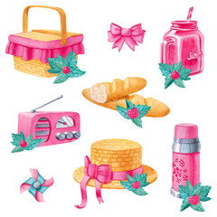 Set of watercolor picnic elements hat, bow, swirl wind, thermos, radio, bread, lemonade, raspberry and leaves
