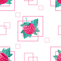 Seamless patter with geometry and watercolor raspberry and leaves