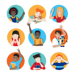 Vector round avatars set of diverse multiracial kids taking different poses. Сartoon boys and girls greeting, raising hand, thumb up, pointing, holding toys, showing binoculars with palms, bye gesture