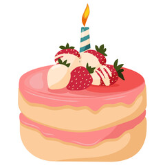 Festive pink cake with strawberries and candle.