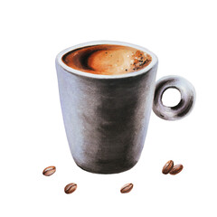 Watercolor strong espresso illustration coffee in a porcelain cup with coffee beens. Hand painting on a white isolated background. For designers, menu, shop, bar, bistro, restaurant, for postcards