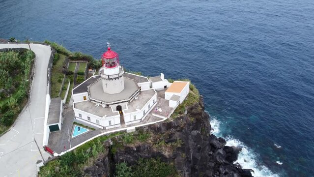 Aerial View of Lighthouse Farol Ponta do Arnel on San Miguel Island, Azores islands