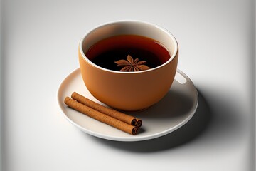  a cup of tea and two cinnamons on a plate with a shadow on the table behind it and a white background with a shadow of a white plate with a cup of tea and cinnamon.