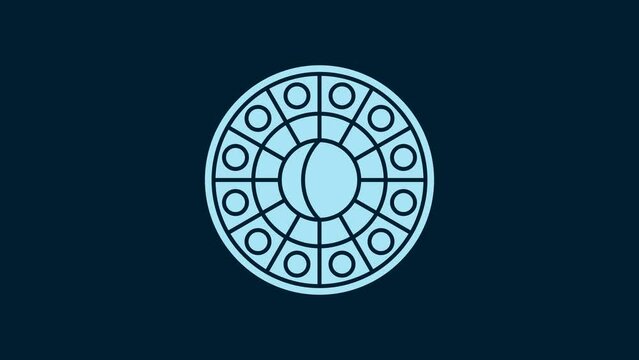 White Astrology horoscope circle with zodiac icon isolated on blue background. 4K Video motion graphic animation