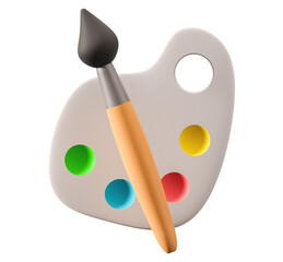 Watercolor painting tools with color palette and paintbrush 3d illustration isolated on white background. Watercolor paint palette with brush 3d illustration