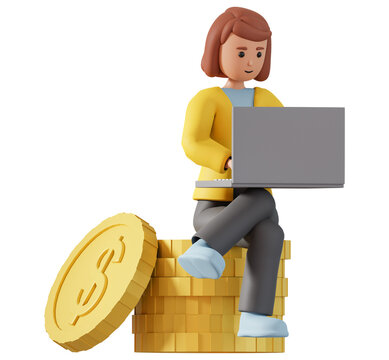 3d Woman Character Sitting On Golden Money Coins And Working On Laptop. Business And Finance Concept 3d Illustration With Young Woman Sitting On Coins And Working On Computer