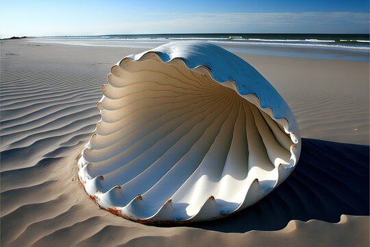  a large shell is laying on the sand at the beach, with a blue sky in the background and a wave coming in from the ocean behind it, and a beach area with a sand - like surface.
