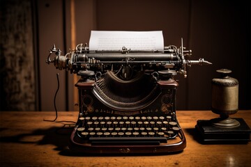  a typewriter sitting on a table with a piece of paper on top of it and a roll of paper on the table next to it, with a roll of paper on top of the.