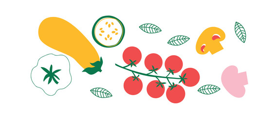 Vector Organic vegetables template. Set of juicy vegetables in cartoon style . Healthy lifestyle, vegetarianism