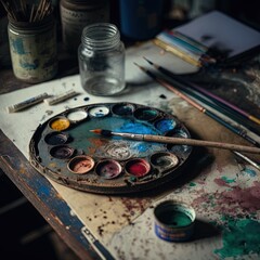 a paint palette with a brush and some paint on a table with other paint and brushes on it and a jar of water and a jar of water on the table top of paint with.
